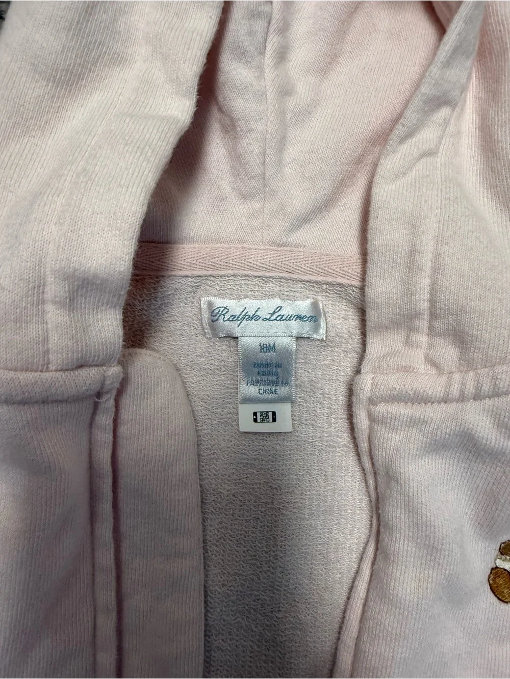 Ralph Lauren Light Pink Hooded Zip-Up Sweatshirt with Teddy Embroidery